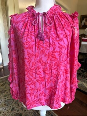 Karlie Hot Pink Patterned Ruffle Tie-Neck Blouse